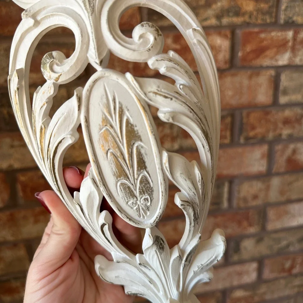Vintage Syroco Style White Gold Ornate Scroll Wall Sconce Candle Holder Set of 2